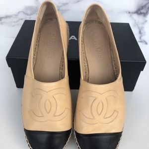 CHANEL Beige & Black Leather Espadrilles, size 39